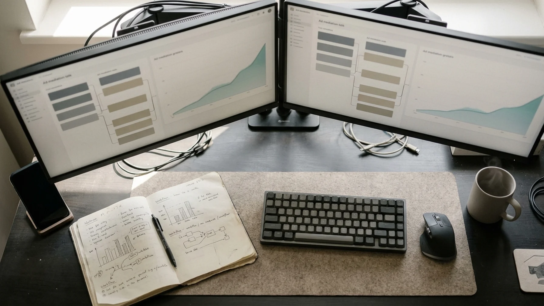 A desk with two monitors showing an ad mediation waterfall and eCPM chart lines, a notebook with hand-drawn fill-rate notes, a phone propped beside them in soft window light