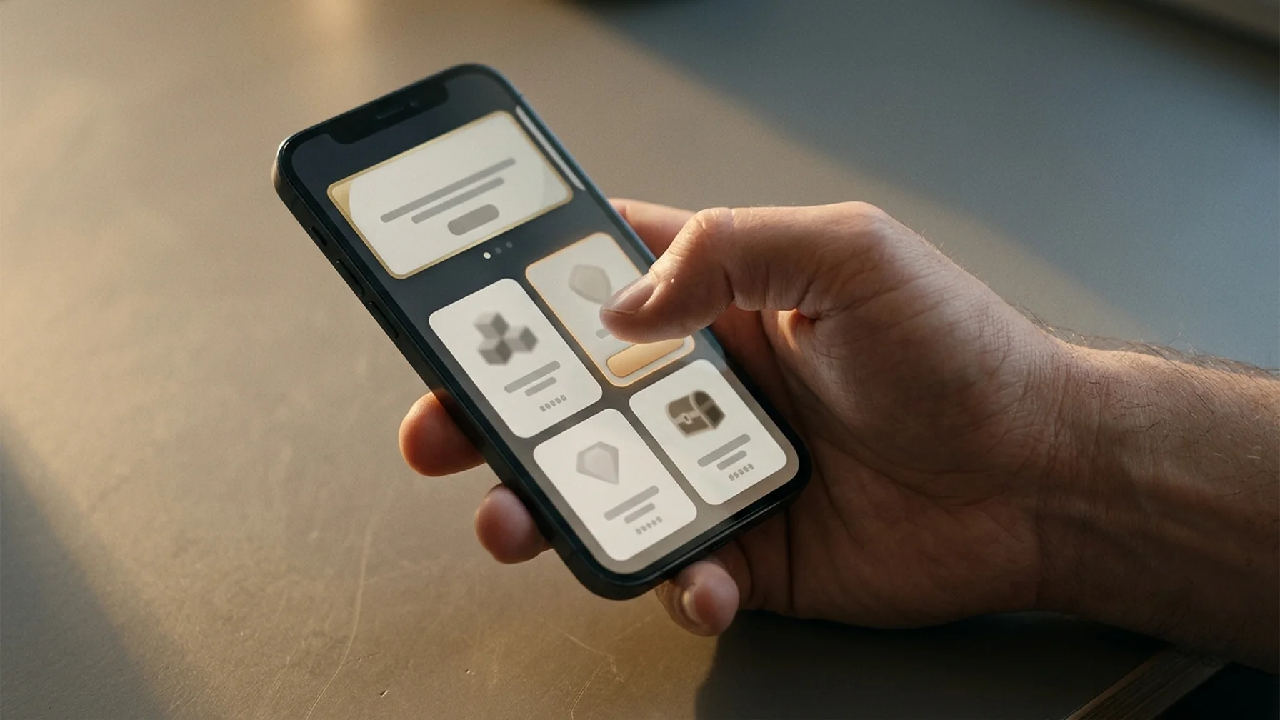 Close-up of a phone screen showing a game store shelf of item bundles, thumb resting near a purchase button, soft window light