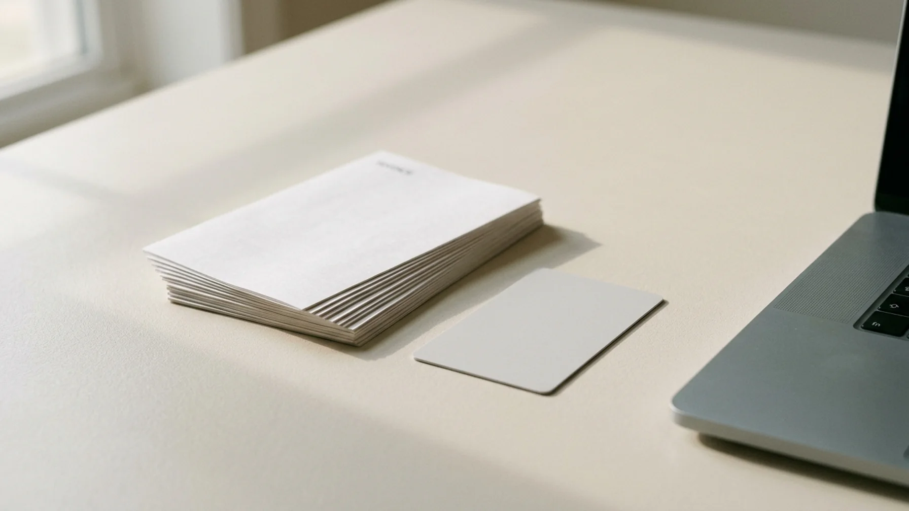 A small stack of invoices and a bank card on a clean desk beside a laptop, with daylight falling across the papers.