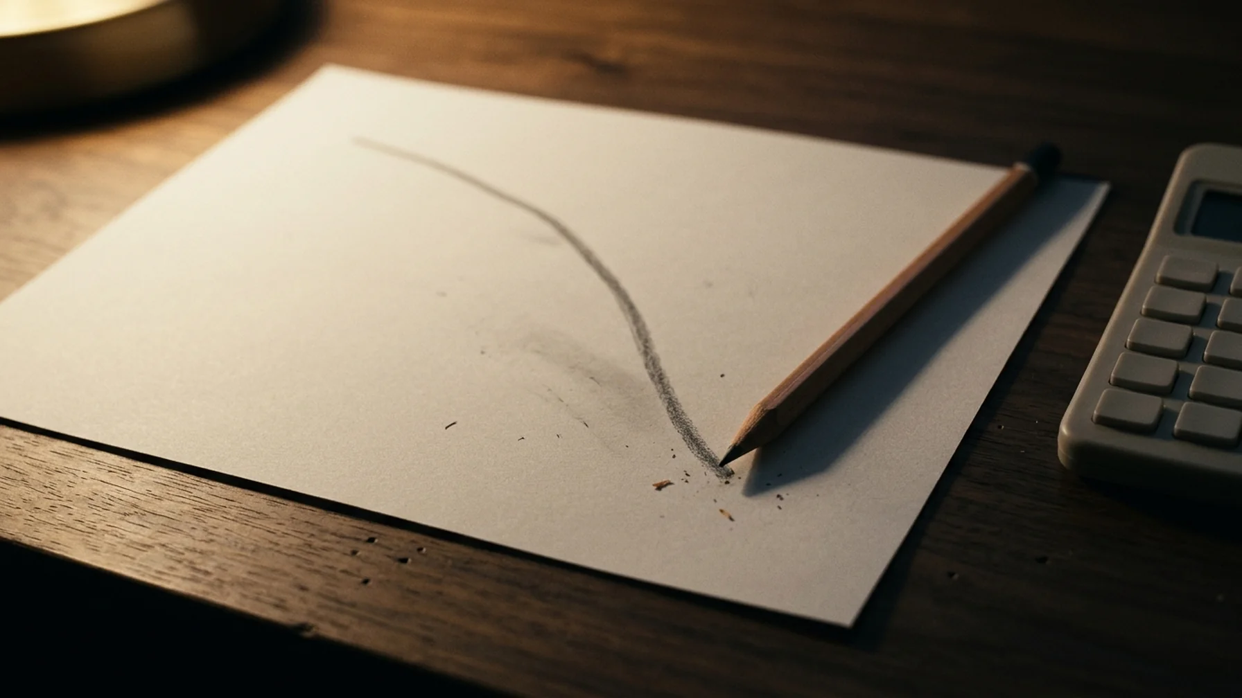 A printed retention curve on paper with a pencil and a calculator on a dark desk, lit by a single desk lamp.