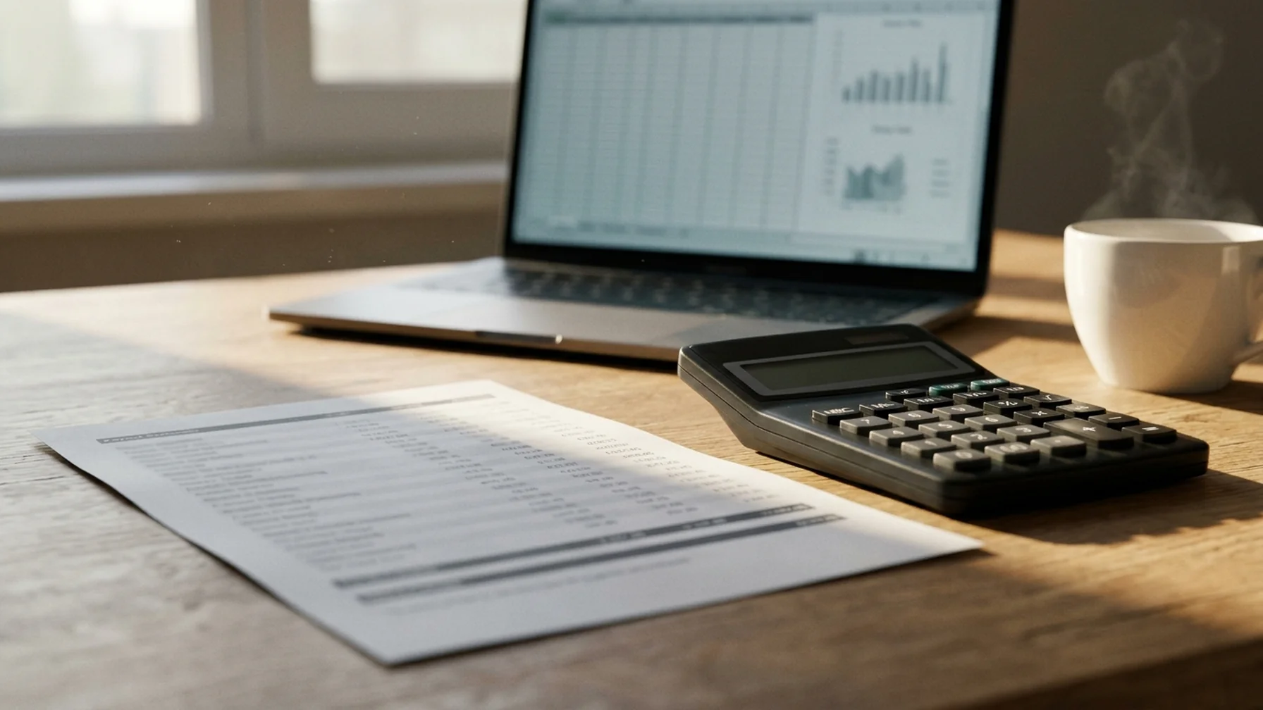 Paper payout statement and calculator on a wooden desk next to a laptop showing a spreadsheet of columns, morning light