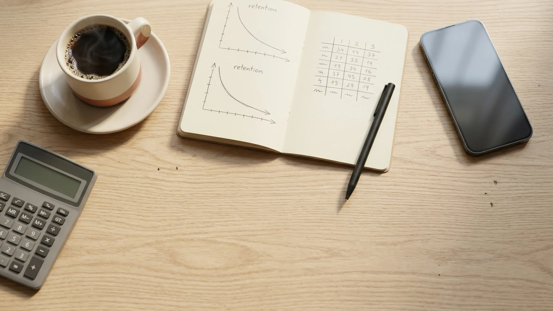 Overhead view of a phone propped beside a notebook with hand-drawn retention curves, a calculator and a cup of coffee on a wooden desk in morning light